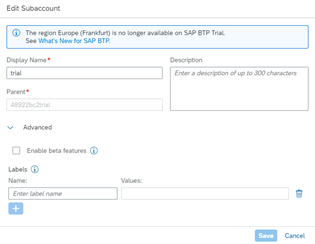 SAP BTP - Edit subaccount