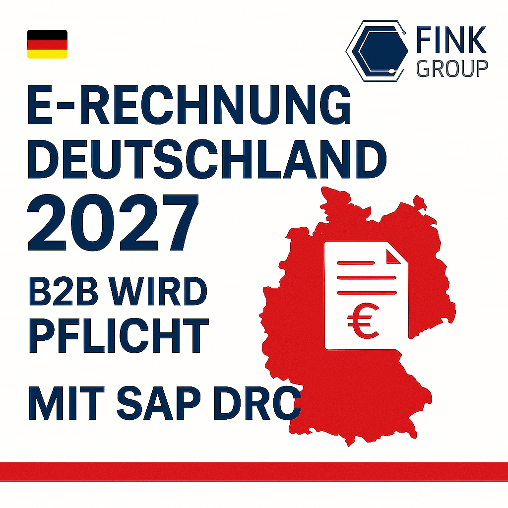 Grafik zur E-Rechnung Deutschland 2026: B2B wird Pflicht. Darstellung einer roten Deutschlandkarte mit Rechnungs-Icon und Text „E-Rechnung 2026 – B2B wird Pflicht mit SAP DRC“. Logo Fink Group oben rechts.